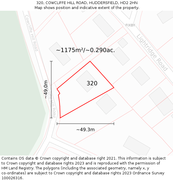 320, COWCLIFFE HILL ROAD, HUDDERSFIELD, HD2 2HN: Plot and title map