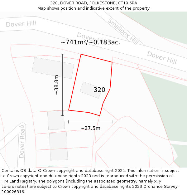 320, DOVER ROAD, FOLKESTONE, CT19 6PA: Plot and title map