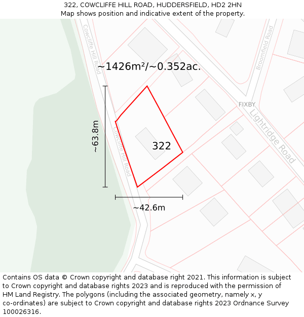 322, COWCLIFFE HILL ROAD, HUDDERSFIELD, HD2 2HN: Plot and title map