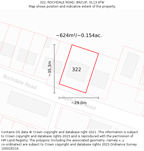 322, ROCHDALE ROAD, BACUP, OL13 9TW: Plot and title map