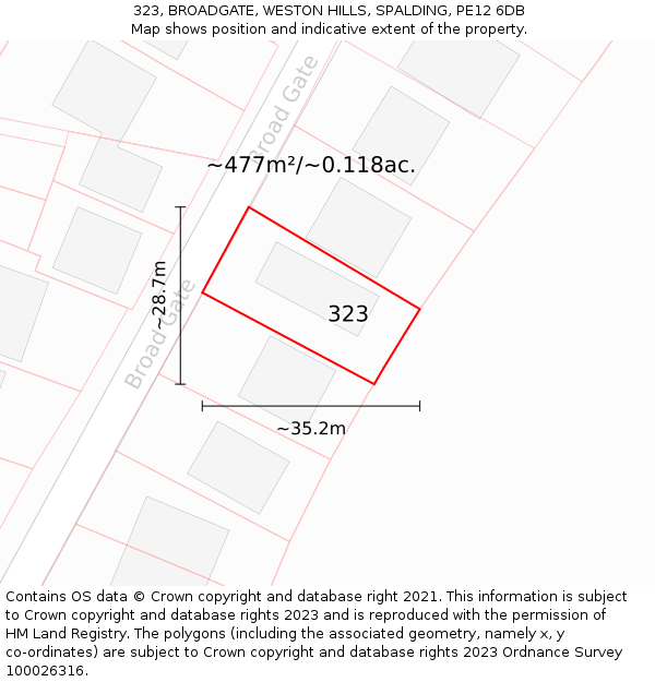 323, BROADGATE, WESTON HILLS, SPALDING, PE12 6DB: Plot and title map