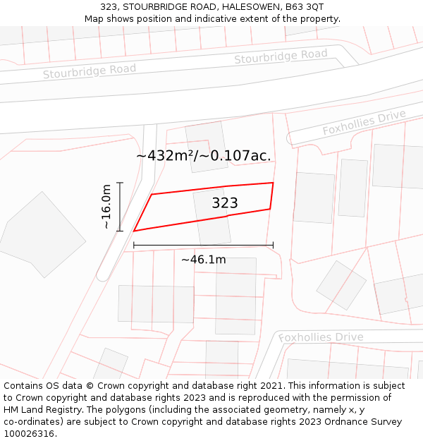 323, STOURBRIDGE ROAD, HALESOWEN, B63 3QT: Plot and title map