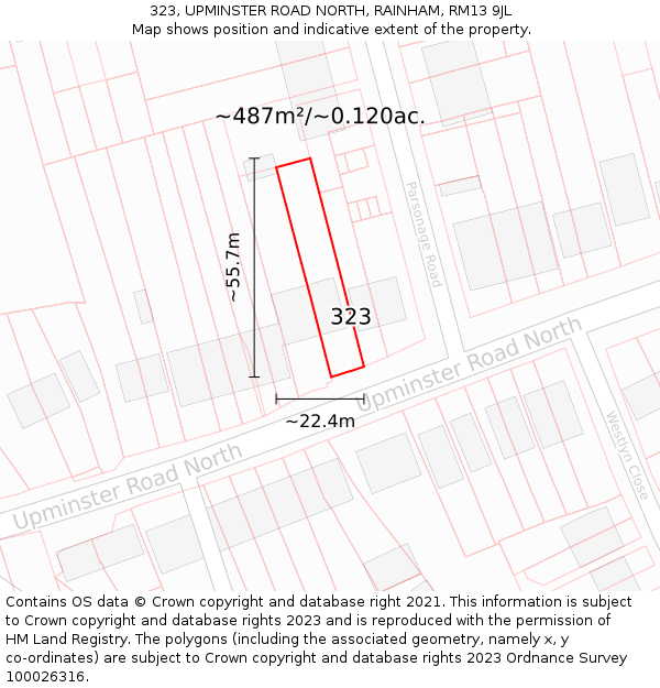 323, UPMINSTER ROAD NORTH, RAINHAM, RM13 9JL: Plot and title map