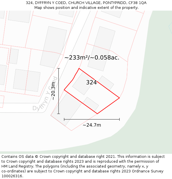 324, DYFFRYN Y COED, CHURCH VILLAGE, PONTYPRIDD, CF38 1QA: Plot and title map