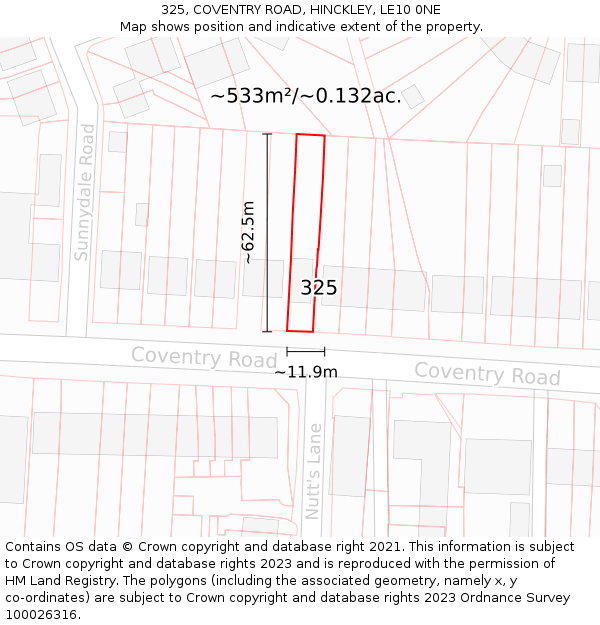 325, COVENTRY ROAD, HINCKLEY, LE10 0NE: Plot and title map