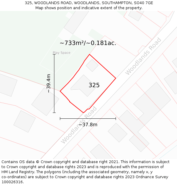 325, WOODLANDS ROAD, WOODLANDS, SOUTHAMPTON, SO40 7GE: Plot and title map