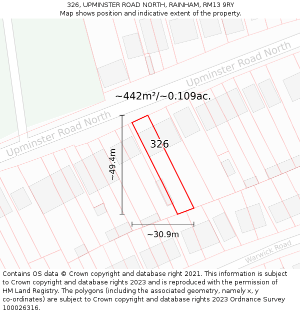 326, UPMINSTER ROAD NORTH, RAINHAM, RM13 9RY: Plot and title map