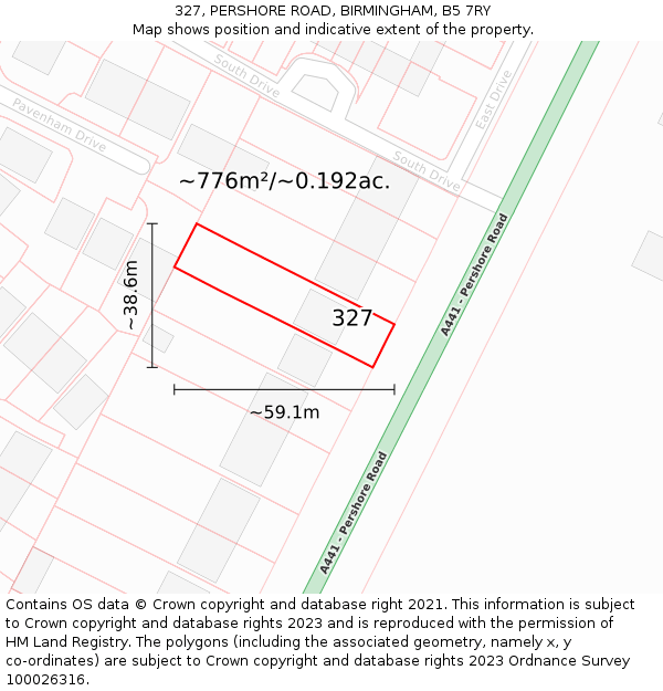 327, PERSHORE ROAD, BIRMINGHAM, B5 7RY: Plot and title map