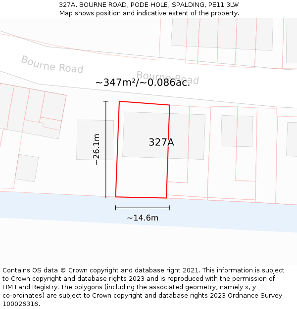 327A, BOURNE ROAD, PODE HOLE, SPALDING, PE11 3LW: Plot and title map