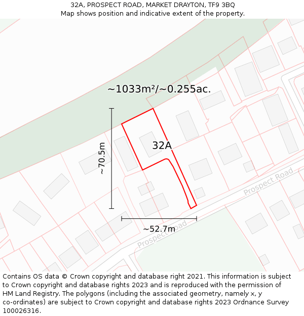 32A, PROSPECT ROAD, MARKET DRAYTON, TF9 3BQ: Plot and title map