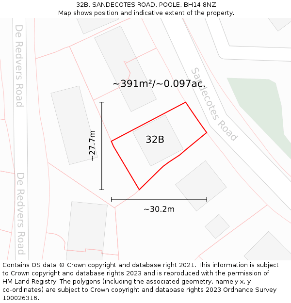 32B, SANDECOTES ROAD, POOLE, BH14 8NZ: Plot and title map