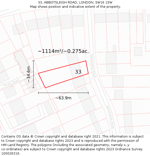 33, ABBOTSLEIGH ROAD, LONDON, SW16 1SW: Plot and title map