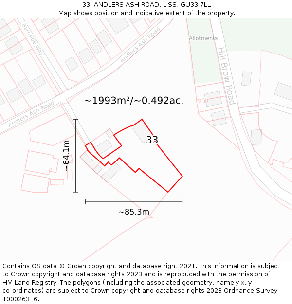 33, ANDLERS ASH ROAD, LISS, GU33 7LL: Plot and title map