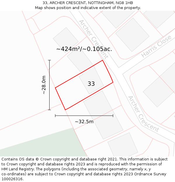 33, ARCHER CRESCENT, NOTTINGHAM, NG8 1HB: Plot and title map