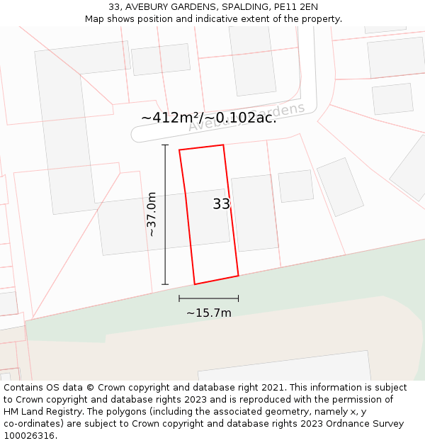 33, AVEBURY GARDENS, SPALDING, PE11 2EN: Plot and title map