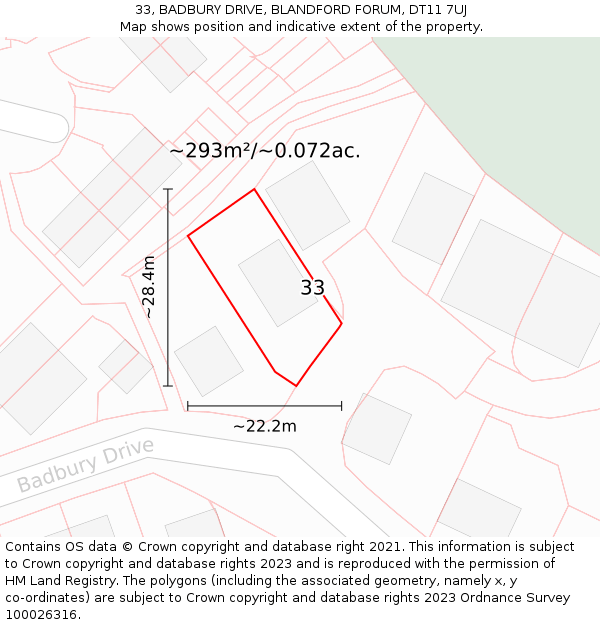 33, BADBURY DRIVE, BLANDFORD FORUM, DT11 7UJ: Plot and title map