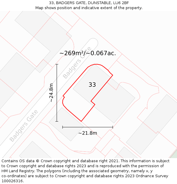 33, BADGERS GATE, DUNSTABLE, LU6 2BF: Plot and title map