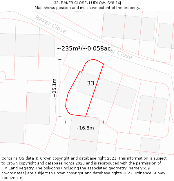 33, BAKER CLOSE, LUDLOW, SY8 1XJ: Plot and title map