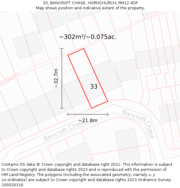 33, BANCROFT CHASE, HORNCHURCH, RM12 4DP: Plot and title map