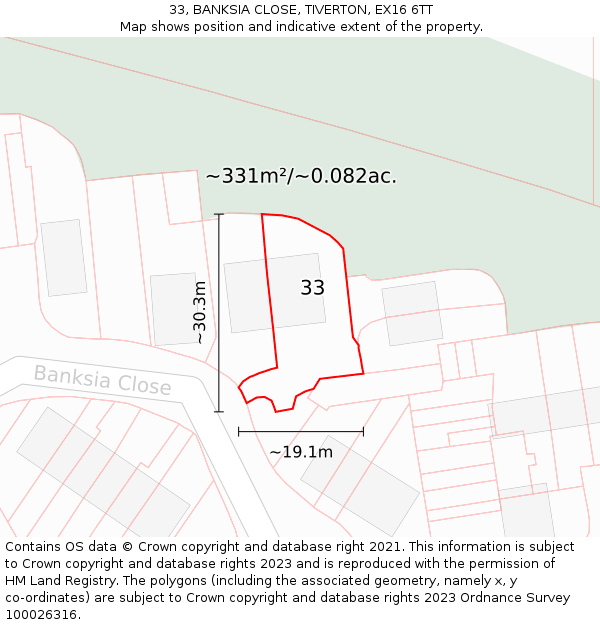 33, BANKSIA CLOSE, TIVERTON, EX16 6TT: Plot and title map