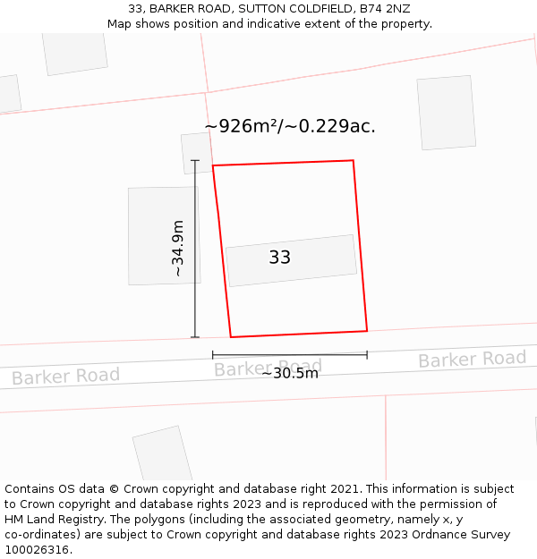 33, BARKER ROAD, SUTTON COLDFIELD, B74 2NZ: Plot and title map
