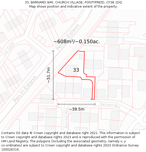 33, BARNARD WAY, CHURCH VILLAGE, PONTYPRIDD, CF38 1DQ: Plot and title map