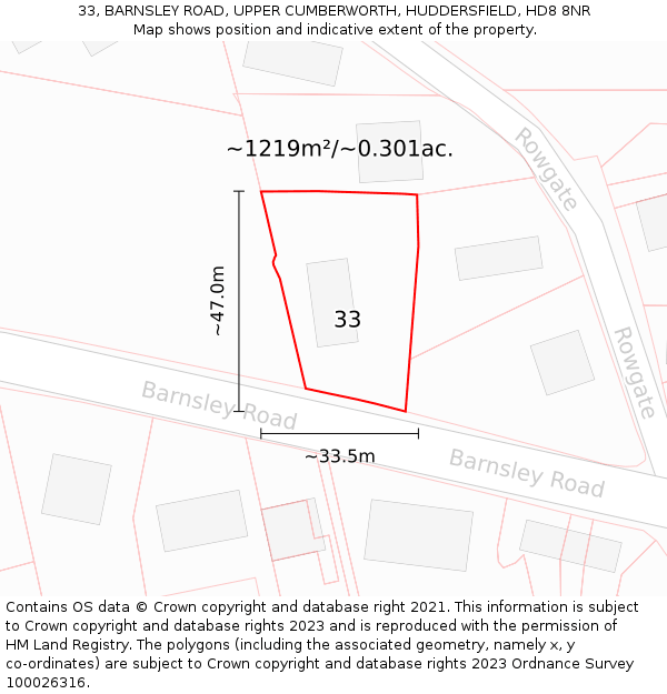 33, BARNSLEY ROAD, UPPER CUMBERWORTH, HUDDERSFIELD, HD8 8NR: Plot and title map