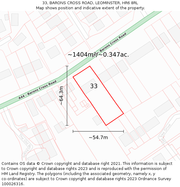 33, BARONS CROSS ROAD, LEOMINSTER, HR6 8RL: Plot and title map