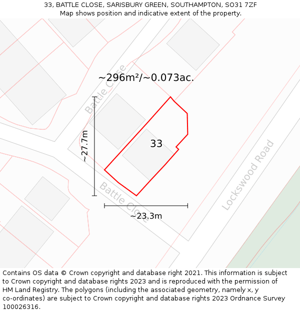 33, BATTLE CLOSE, SARISBURY GREEN, SOUTHAMPTON, SO31 7ZF: Plot and title map