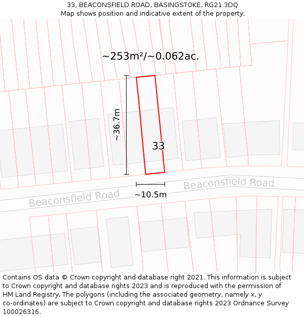 33, BEACONSFIELD ROAD, BASINGSTOKE, RG21 3DQ: Plot and title map