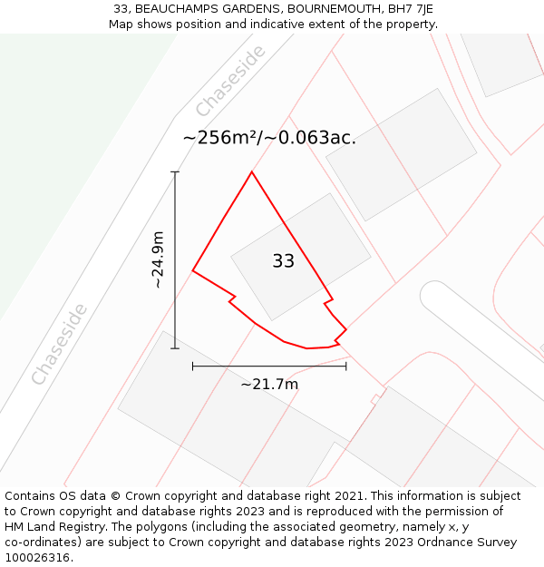 33, BEAUCHAMPS GARDENS, BOURNEMOUTH, BH7 7JE: Plot and title map