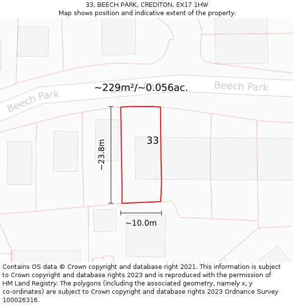 33, BEECH PARK, CREDITON, EX17 1HW: Plot and title map