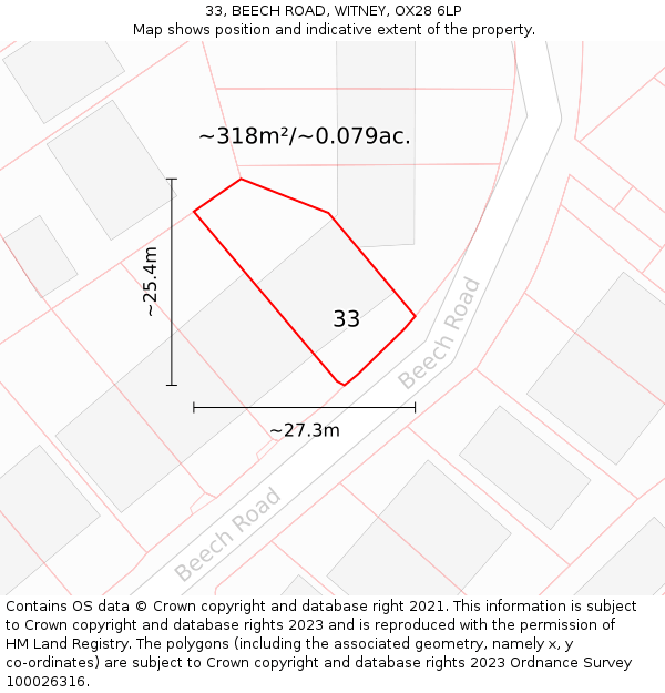 33, BEECH ROAD, WITNEY, OX28 6LP: Plot and title map