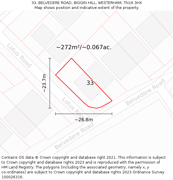 33, BELVEDERE ROAD, BIGGIN HILL, WESTERHAM, TN16 3HX: Plot and title map