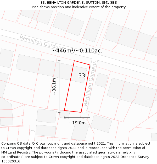 33, BENHILTON GARDENS, SUTTON, SM1 3BS: Plot and title map