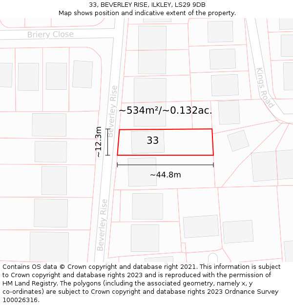 33, BEVERLEY RISE, ILKLEY, LS29 9DB: Plot and title map