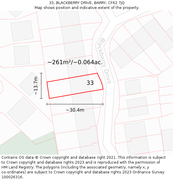 33, BLACKBERRY DRIVE, BARRY, CF62 7JQ: Plot and title map