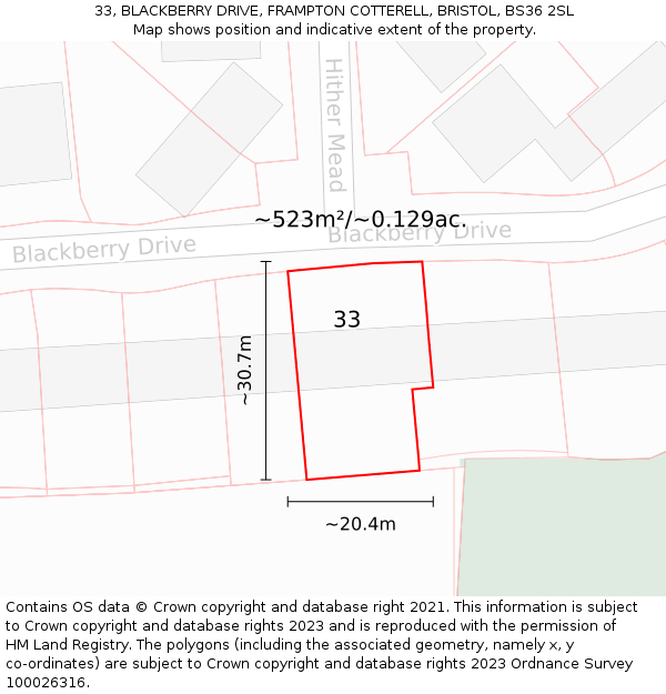 33, BLACKBERRY DRIVE, FRAMPTON COTTERELL, BRISTOL, BS36 2SL: Plot and title map