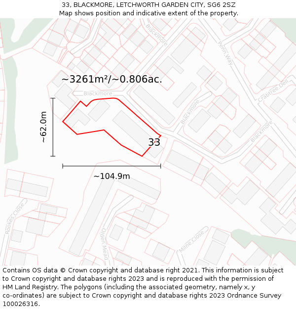 33, BLACKMORE, LETCHWORTH GARDEN CITY, SG6 2SZ: Plot and title map