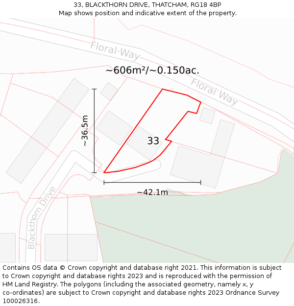 33, BLACKTHORN DRIVE, THATCHAM, RG18 4BP: Plot and title map