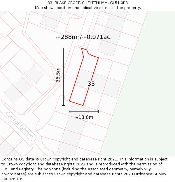 33, BLAKE CROFT, CHELTENHAM, GL51 0PR: Plot and title map