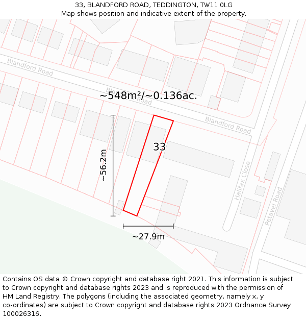 33, BLANDFORD ROAD, TEDDINGTON, TW11 0LG: Plot and title map