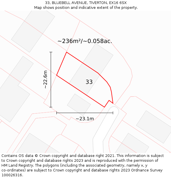 33, BLUEBELL AVENUE, TIVERTON, EX16 6SX: Plot and title map