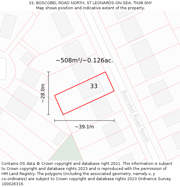 33, BOSCOBEL ROAD NORTH, ST LEONARDS-ON-SEA, TN38 0NY: Plot and title map