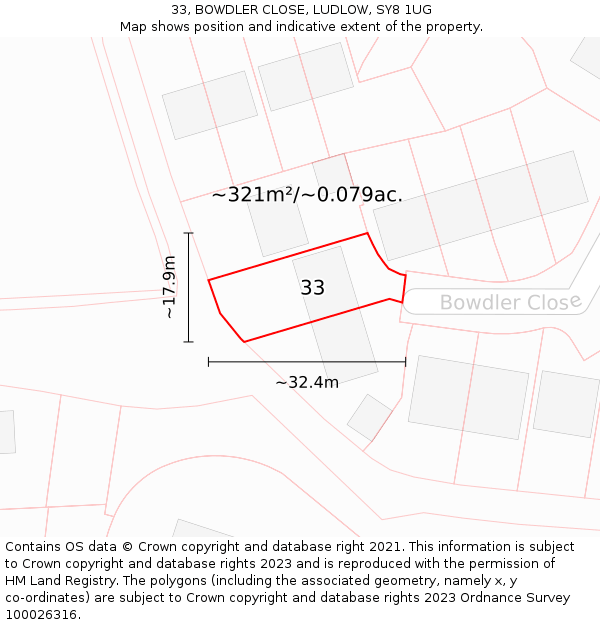 33, BOWDLER CLOSE, LUDLOW, SY8 1UG: Plot and title map