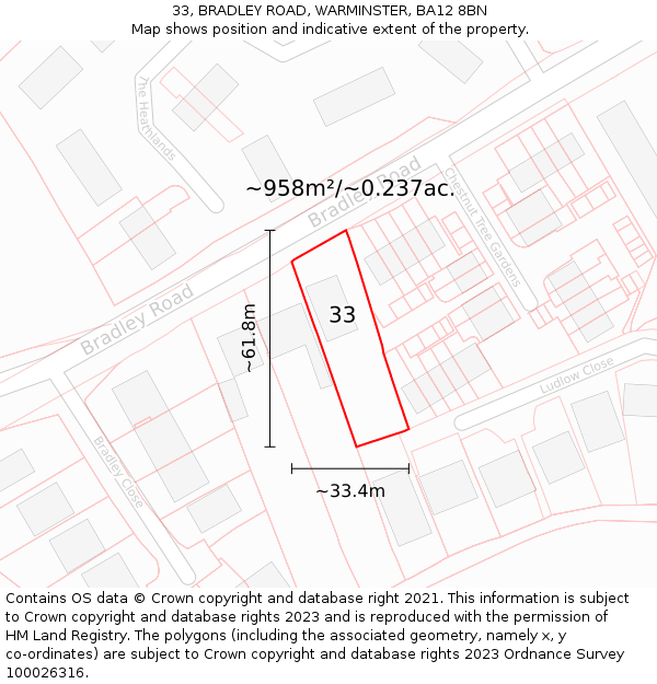 33, BRADLEY ROAD, WARMINSTER, BA12 8BN: Plot and title map