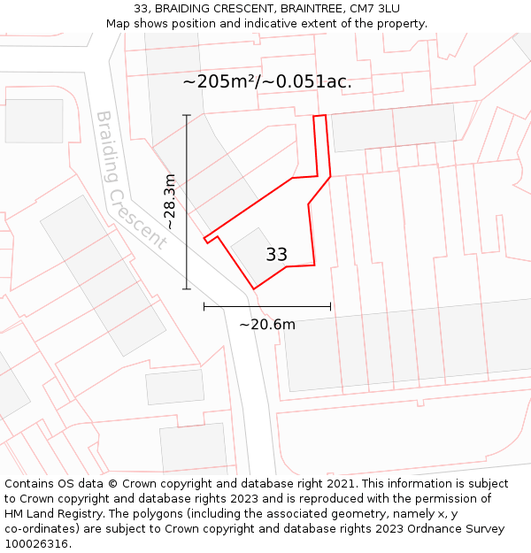 33, BRAIDING CRESCENT, BRAINTREE, CM7 3LU: Plot and title map