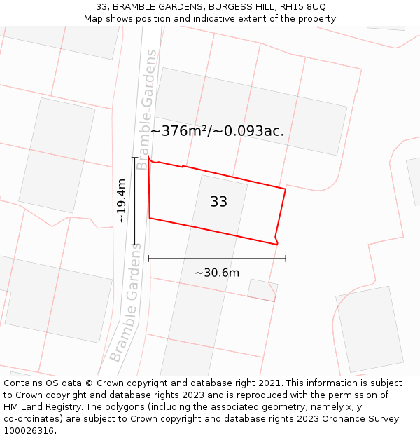 33, BRAMBLE GARDENS, BURGESS HILL, RH15 8UQ: Plot and title map