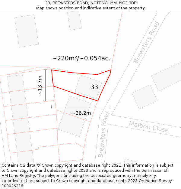 33, BREWSTERS ROAD, NOTTINGHAM, NG3 3BP: Plot and title map