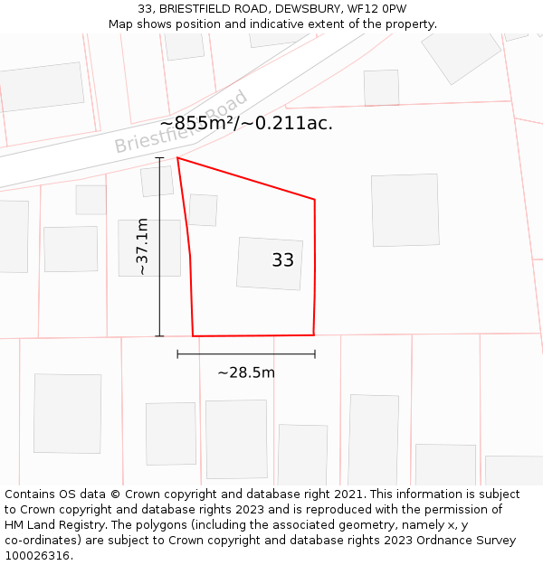 33, BRIESTFIELD ROAD, DEWSBURY, WF12 0PW: Plot and title map
